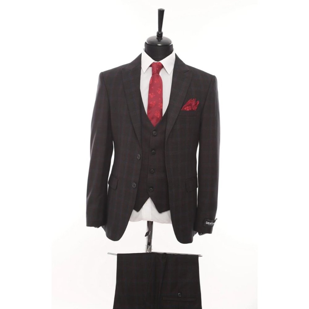 Derman Red Square Patterned Fabric 3 Piece Suit
